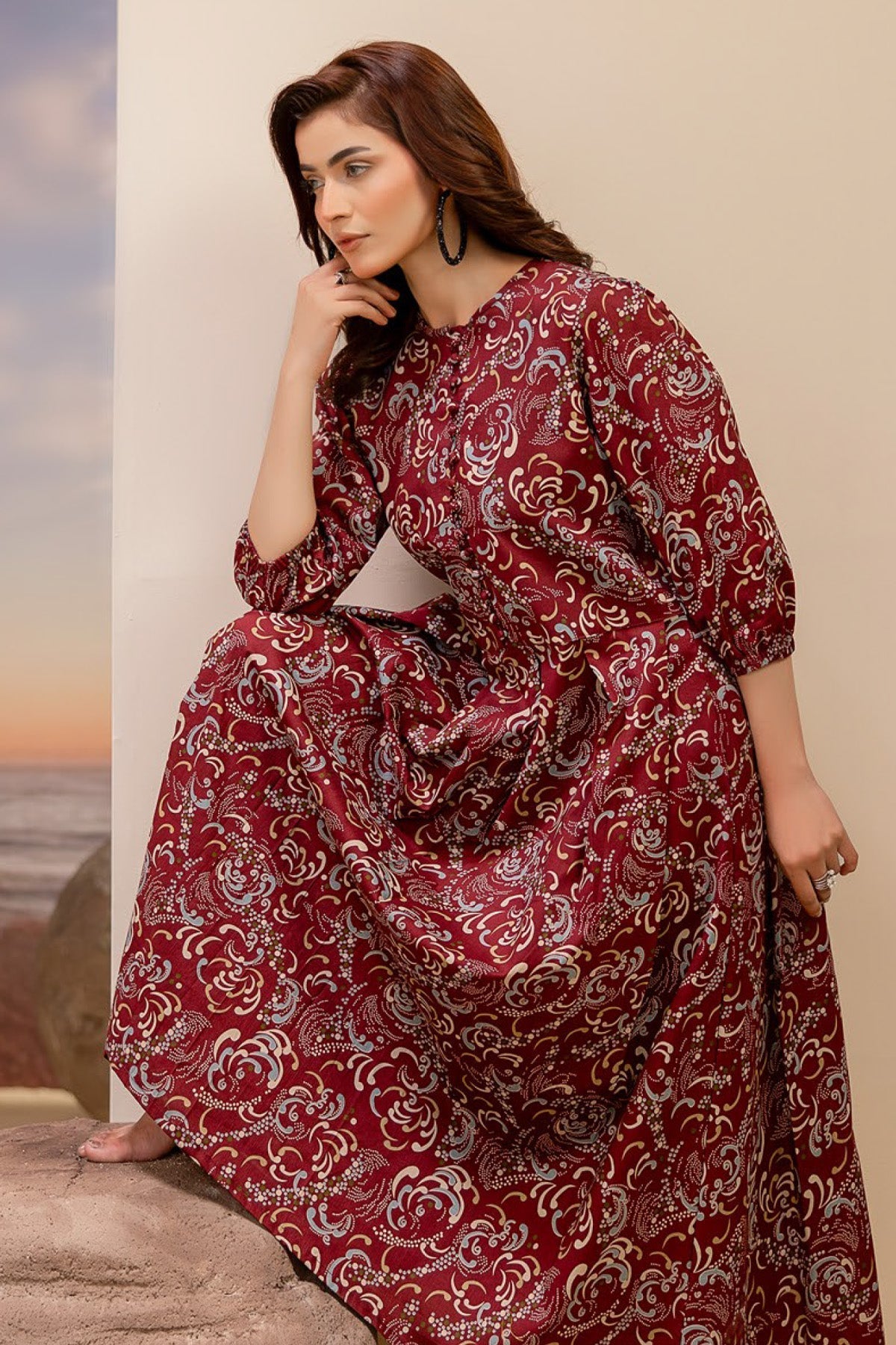 Orang Printed Lawn 2 - Piece Unstitched | Mahroon - Tarz.e.Husan