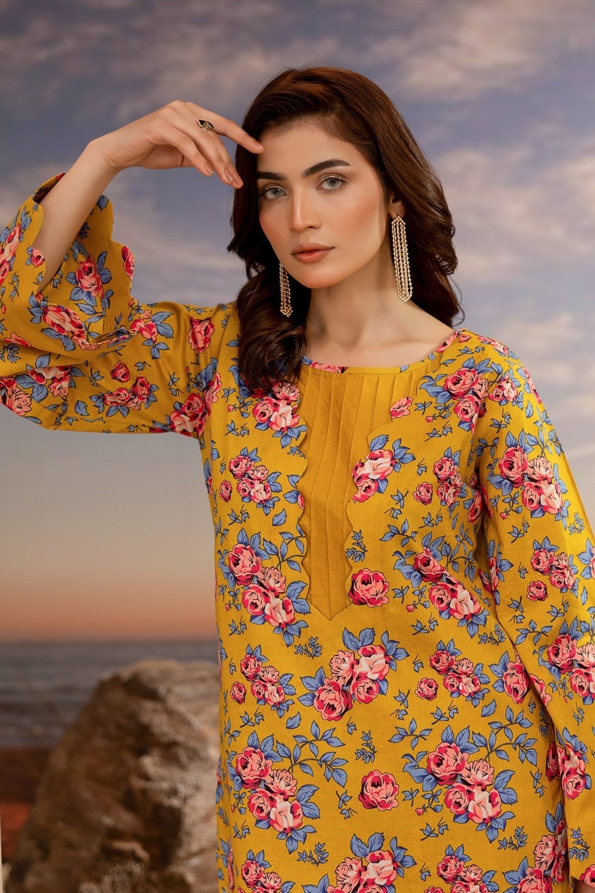 Orange Printed Lawn 2 - Piece Unstitched Suit | Yellow Print - Tarz.e.Husan