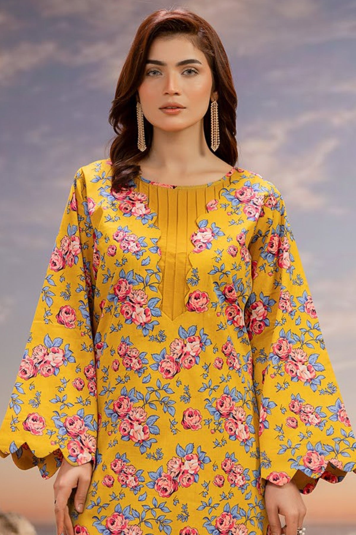 Orange Printed Lawn 2 - Piece Unstitched Suit | Yellow Print - Tarz.e.Husan